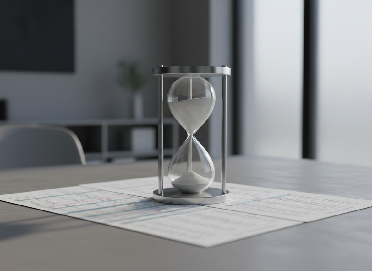 An elegant glass hourglass with fine white sand and a polished chrome frame, set on a perfectly aligned array of analytical documents with subtle, color-coded annotations. The surface is a soft grey stone desktop, blending into an understated office interior with balanced proportions. Subtle, cool-tone artificial lighting casts delicate, directional shadows from the hourglass, suggesting the measured importance of time in data validation. The composition employs asymmetrical balance from a moderate side angle, evoking a sense of deliberation and trust. With photographic realism and neutral color palette, the image enhances the concept of making precise, well-timed business changes based on verified evidence.