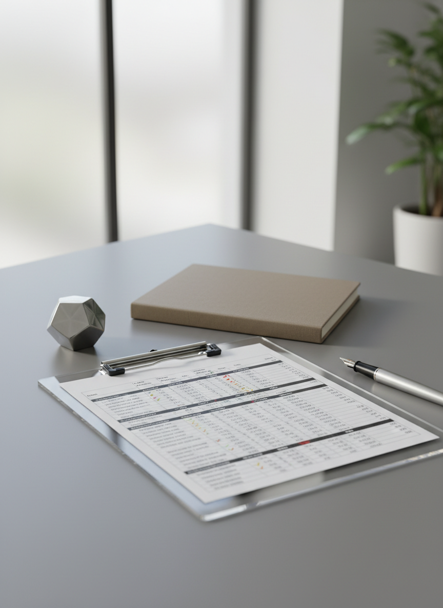 A transparent acrylic clipboard with a detailed printed spreadsheet featuring crisp, black text and colored accuracy checkmarks, resting neatly atop a smooth, matte grey office desk. Surrounding the clipboard are geometric stationary elements—metal paperweight, silver pen, and a closed taupe notebook—adding subtle structure. Soft, natural daylight streams from a nearby frosted glass window, producing gentle highlights and minimal shadowing. The composition is framed using the rule of thirds, with a shallow depth of field to subtly blur the background, creating a focused, analytical mood. The overall style is clean, modern, and photographic, aligning with a professional business resource hub for data verification.