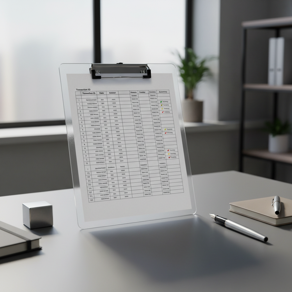 A transparent acrylic clipboard with a detailed printed spreadsheet featuring crisp, black text and colored accuracy checkmarks, resting neatly atop a smooth, matte grey office desk. Surrounding the clipboard are geometric stationary elements—metal paperweight, silver pen, and a closed taupe notebook—adding subtle structure. Soft, natural daylight streams from a nearby frosted glass window, producing gentle highlights and minimal shadowing. The composition is framed using the rule of thirds, with a shallow depth of field to subtly blur the background, creating a focused, analytical mood. The overall style is clean, modern, and photographic, aligning with a professional business resource hub for data verification.