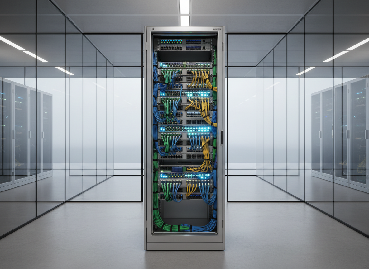 A sleek, brushed aluminum server rack filled with neatly arranged network cables and illuminated status LEDs, positioned in the center of a minimalist, glass-walled data center. The environment features seamless concrete flooring and subdued neutral wall tones. Diffused overhead lighting creates gentle reflections along the metal surfaces, highlighting the textures and organization. The overall mood is calm, secure, and highly professional, supporting a sense of reliability and order. Composed at eye level for a structured, balanced appearance, the image uses sharp focus throughout to convey clarity. The photographic realism and clean corporate aesthetic reinforce the site’s emphasis on trustworthy data integrity.