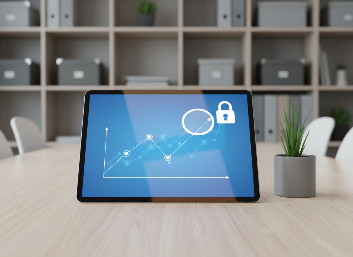 A high-resolution digital tablet displaying a magnified, crisp line chart with clear data points and a lock icon overlay, placed on a structured, pale wood conference table beside a small, monochrome ceramic planter. The background is an unfocused, modern office shelving system with neutral-toned organizational boxes. Warm, low-angle ambient lighting creates nuanced reflections on the tablet’s glass surface, drawing attention to the clarity and security of the information. Framed in a centered composition at desk level, the image projects confidence and reliability, reflecting the importance of accuracy verification in business decisions. The photographic, clean, corporate aesthetic matches the site’s mission.