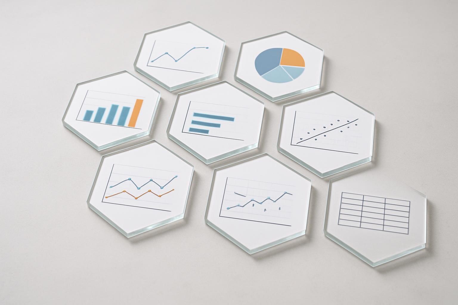 A precisely arranged set of hexagonal glass tiles, each displaying a different neatly printed data graph or chart beneath its surface, set across a smooth, light concrete workspace. The setting is a pristine, uncluttered environment with faint reflections from the tiles contributing to an orderly, structured ambiance. Overhead, a soft, diffused white light creates even illumination with minimal shadow, emphasizing the clean lines and clarity of the graphics. Captured from a slightly elevated angle to highlight symmetry and balance in the layout. The mood is analytical yet approachable, reinforcing data integrity with a photographic realism and minimalist corporate style.